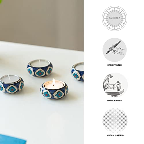 Image of ExclusiveLane Ceramic Tea Light Candle Holder for Home Decoration | 'Mughal Floral' Hand-Painted Tealight Candle Stand for Puja & Living Room (Set of 4, Blue)