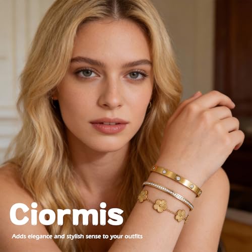 Ciormis 18K Gold Bracelet Stack, 3 Pcs Clover Nail Love Bangle Bracelets Set for Women Trendy Five Leaf Flower Jewelry Non Tarnish Gift Jewelry Braclets for Valentines Birthday Mother's Day Christmas — view 3