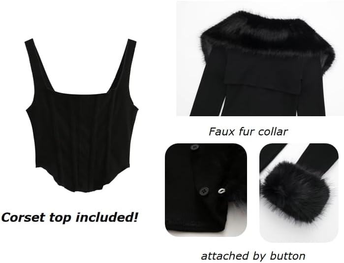 XPONNI Two-Piece Set Fur Trim Y2k Cardigan Crop Top Fluffy Top Womens Y2k Cropped Knit Bolero Dressy Sweater - Image 3