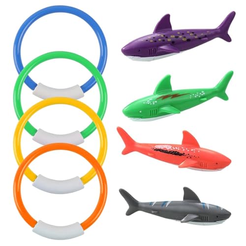 Anneaux de Plongée et Jouets Aquatiques en Forme de Requin, 8 Pièces en Plastique Lisse, Sans Bavures, pour Enfants - Idéaux pour Jeux de Piscine, Entraînement de Plongée et Activités Sous-marines