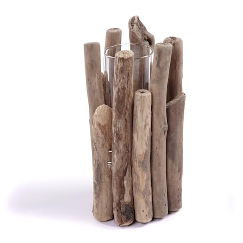 DESIGN DELIGHTS DEKO VASE Mira | Treibholz, Glas | Treib Holz Vase, Tisch Vase Natur, Blumenvase, Kunstgras Vase, Übertopf, Kerzenhalter, Kerzenleuchter