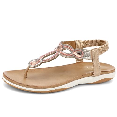 Image of UBFEN Womens Flat Sandals with Arch Support - T-Strap Thong Sandals with Elastic Back Strap, Comfortable for Walking, Bling, Rhinestone, Dressy