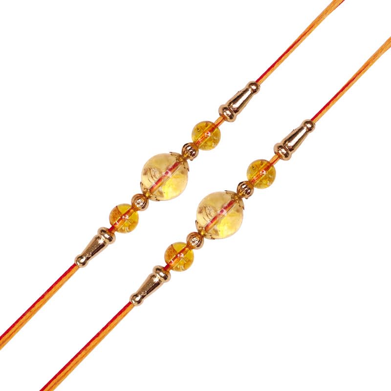 Image of Shubhanjali Crystal Beads Rakhi for Brother | Handmade Healing Crystal Stone Designer Rakhi for Bhaiya | Raksha Bandhan Gift Set with Roli Chawal, Kumkum, Greeting Card & Potli
