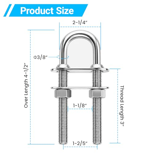 Image of Boat Stern Bow Eye Tie Down U Bolt, Marine Stainless Steel with Hex Nuts and Washers, 4-1 /2 in Overall Length, 3 /8 in Stock, 3 in Thread Length, 2 Pack