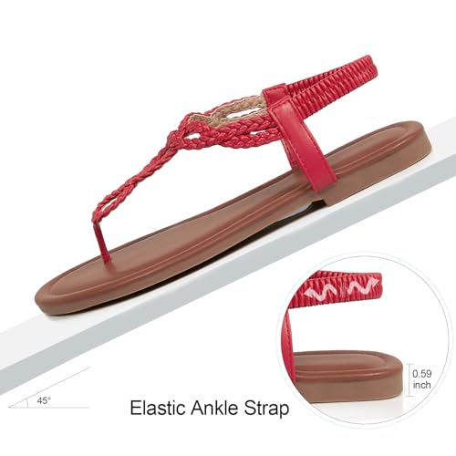 Image of iCKER Womens Braided T‑Strap Flat Sandals Elastic Stretch Ankle Strap | Boho cute casual lightweight and comfort matches dresses for beach vacation