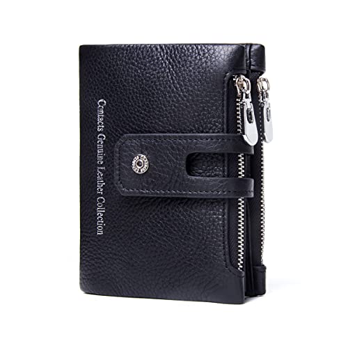 Contacts Mens Genuine Leather Bifold Double Zipper Coin Pocket Purse Wallet, Black, One Size