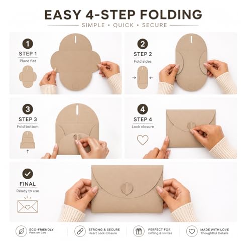 Image of TOWNBUS -Pack of 30 - Heart Clasp Envelope Set with Blank Cards - 6.25 x 4.25 Inch(15.8 x 10.7 cm) Premium Heavyweight Kraft Invitation Envelopes for Weddings-Cappuccino