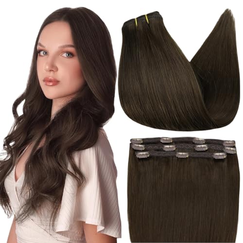 Image of Full Shine Clip in Hair Extensions Real Human Hair Brown | Remy Hair Extensions Clip ins Dark Brown, Ease of Use, 16 Inch 3 Pcs 60g