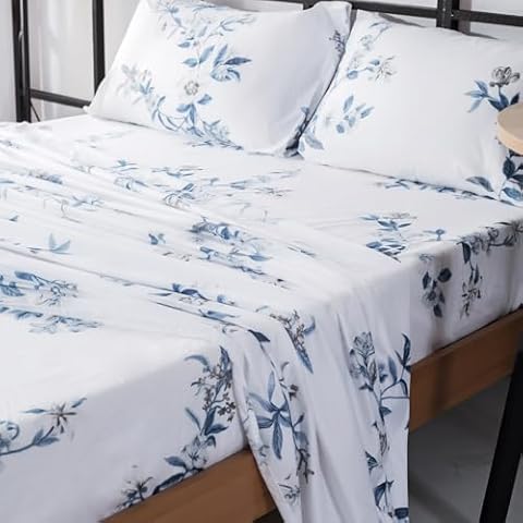 Merryword Blue Flower Sheet Set Full Size 4 Pcs Ultra Soft Blue White Floral Design Bed Sheets Deep Pocket Fitted Sheet& Flat Sheet& Pillowcases 100% Microfiber Cover