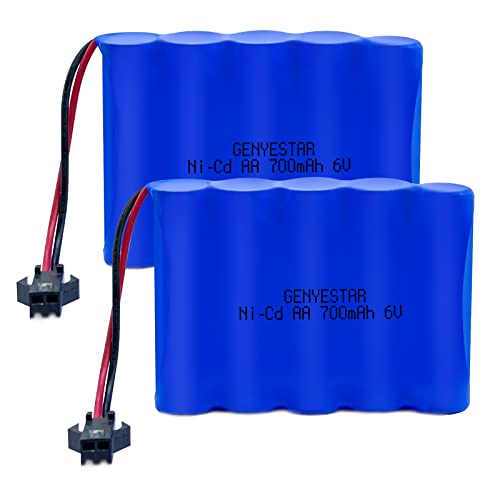 GENYESTAR 2 Pack 6.0V 700mAh Ni-cd Rechargeable AA Battery Pack for 11 Channel RC Excavator RC Truck Amphibious Stunt RC Cars Vehicles (SM2P Plug and 2 USB Charger Cable)