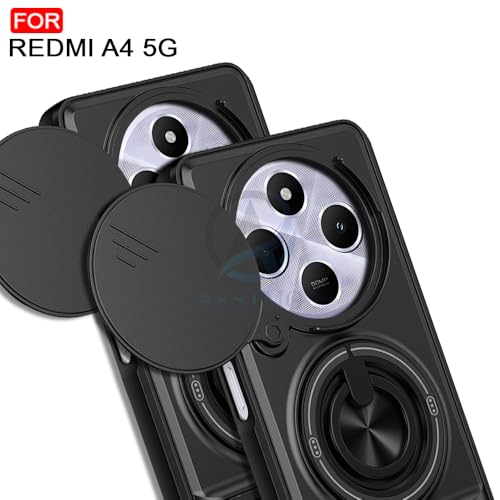 Image of AESTMO Redmi A4 / 14C / C75 5G / M7 5G Back Cover | Armor Camera Slider 360 Degree Rotating Finger Ring Holder Case with Bracket Stand Back Case Cover (Compatible with MagSafe Accessories) (Black)