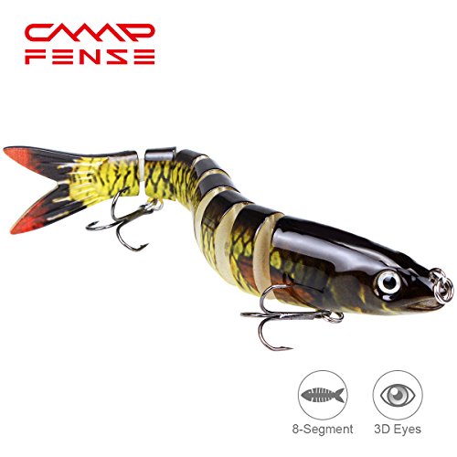 CampFENSE Fishing Lure Bait, 8-Segment, 3D Eyes, Extra-Large, Tackle 6# High Carbon Steel Anchor Hook 4 Color Options 5.23Inch / 0.67Oz (D)