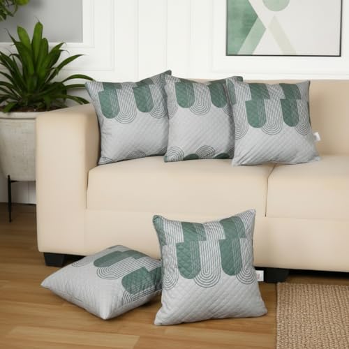 Image of STITCHNEST 'QuadraNest' Series Printed Quilted Velvet Cushion Cover 16x16 Inch Set of 5 | Premium Soft Fabric, Washable & Fade Resistant | Decorative Living Room Cushion Covers | Green & White Wave