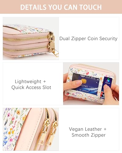 Image of Pink Floral Credit Card Holder for Women,Accordion Wallet | RFID Blocking Card Wallet, Vegan Leather with Wristlet, dual independent zipper compartments,17 Card Slots