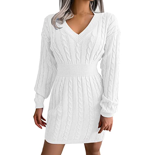 Damen Elegant Langarm V-Ausschnitt Slim Back Stickerei Party Herbst Gerippt Strick Bodycon Pullover Kleider Frauen Gr, weiß, 36