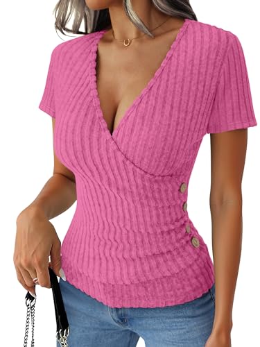 ANRABESS Women Short Sleeve V Neck Shirts,Hot Pink,L