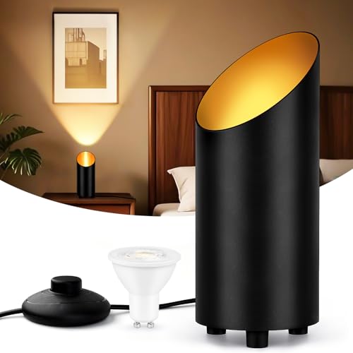 GeyouLux LED Uplight Spot Bodenstrahler IP44 Wasserdicht 6W 600LM Aluminium Bodenlampe Innen Wohnzimmer, Bodenleuchte mit Fußschalter zur Indirekte Beleuchtung, inkl. GU10 Lampe 2700K Warmweiß Schwarz
