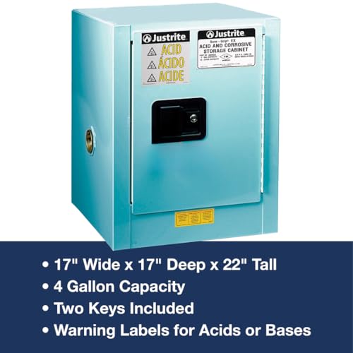 Image of Justrite Acid Corrosive Storage Cabinet - 4 Gallon 1 Door Self Close Chemical Storage Cabinet with ChemCor Coating - 17 inch x 22 inch x 17 inch - Made in The USA - Light Blue - 8904222