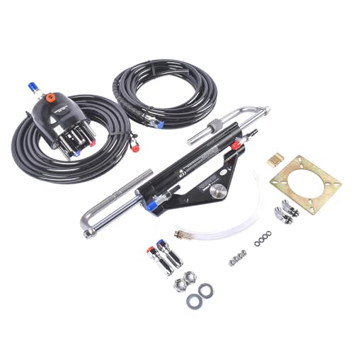 AKWH 150HP Hydraulic Outboard Steering Kit, Two-Way Locking Cylinder, 2X 26FT Hydraulic Hoses & 150HP Pump, Single-Station Setup, Single-Engine use