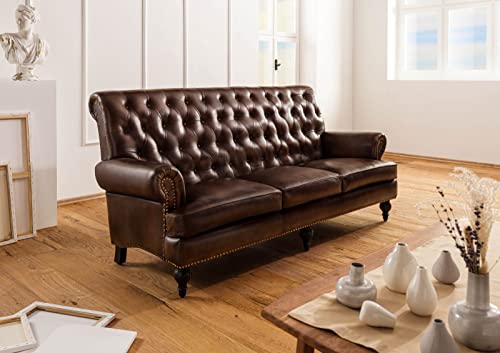 MASSIVMOEBEL24.DE | Chesterfield Sofa 3-Sitzer aus Echtleder #107 | aus echtem Büffel-Leder - Braun | 196x84x94 cm | mit Nieten | Couch Polstercouch 3er Sitzer – Bild 3