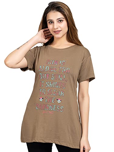Image of Magknit Fancy Printed Both Side Cut Cotton Blend Half Sleeves and Lightwiegt Trendy Summer Long T Shirt for Women