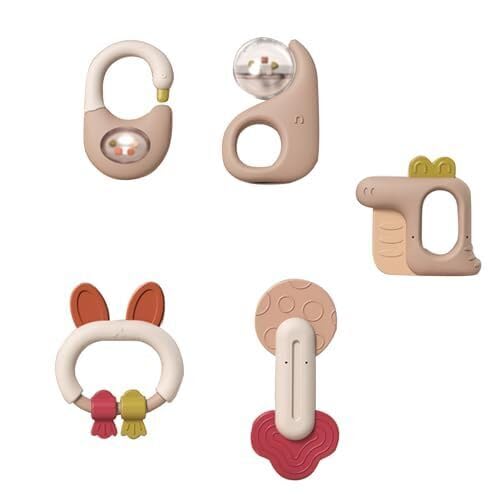 5 Pcs - Newborn Baby Teether Teething Rattles with Bells, Grab Shaker, Newborn Infant Gifts for 3-6 Months