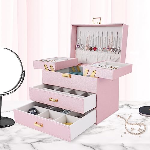 Dajasan Jewelry Boxes for Women Girls, Jewelry Storage Organizer, 4 Layers Large Jewelry Organizer Box with 2 Drawers for Friends, Wife or Mother Gift (Pink)