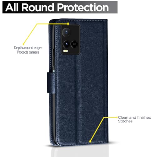 Image of Blue Leather Finish Protection Flip Case Cover for Vivo Y33T / Y33S | Y21 / Y21A / Y21S / Y21e / Y21G - Magnetic Closure, Stand Feature, Card Slots - Light Weight Design (Blue)