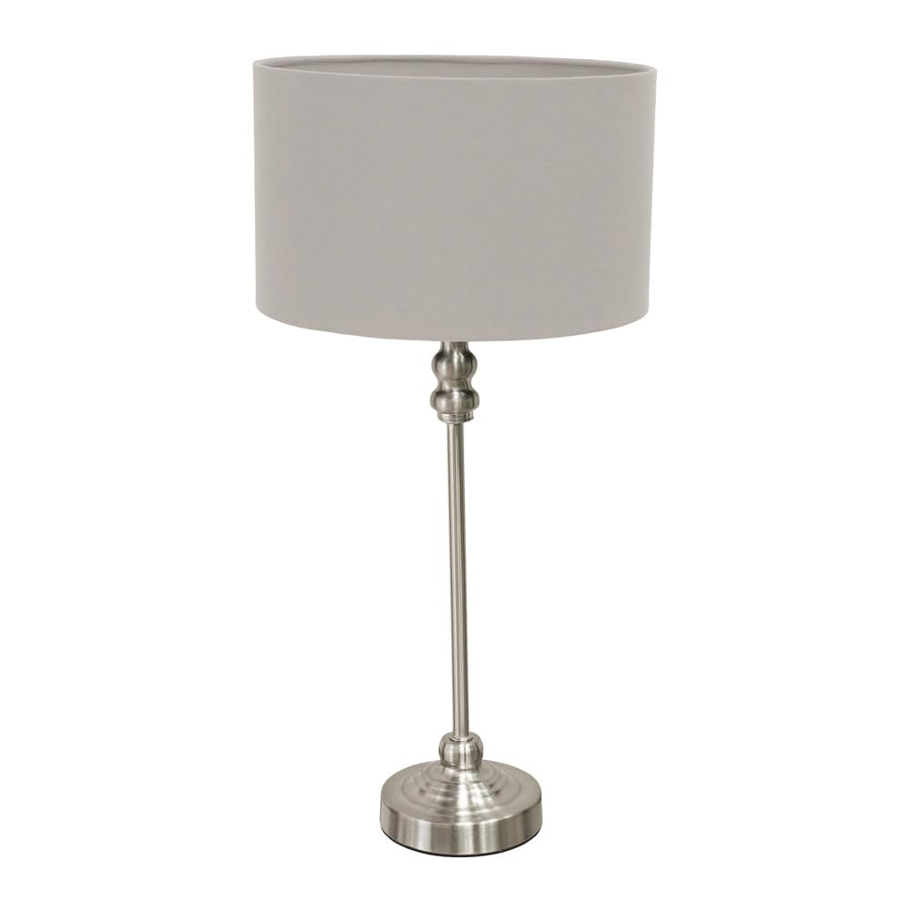 ValueLights | Brushed Chrome Metal Candlestick Table Lamp with Grey Fabric Drum Shade Bedside Light | Table Lamps, Home Décor & Improvement Essential