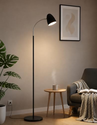 Image of Modern Arc Floor Lamp for Living Room, Bedroom & Reading Corner | Adjustable Gooseneck Standing Lamp with Metal Shade | Minimalist Black Floor Light | E27 LED Compatible