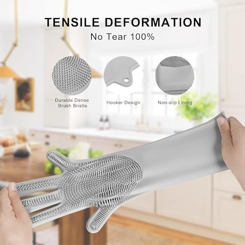 Image of KASHIVAL Silicone Dish Washing Gloves for Kitchen, Dishwashing, Pet Grooming, Car and Bathroom Cleaning (Pack of 2 Pairs, 4 Gloves)