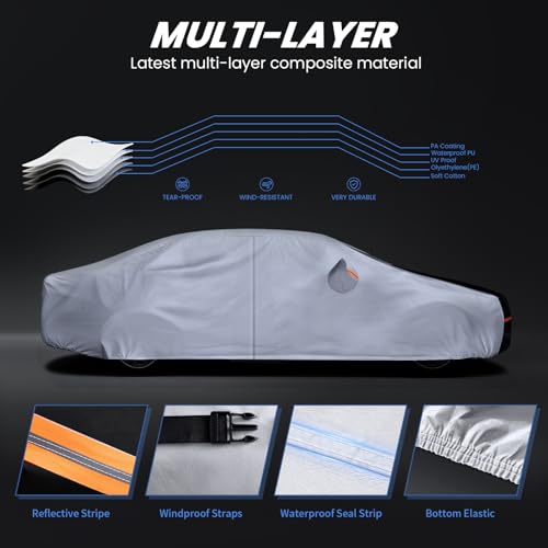 Image of Full-size sedan Car Cover Waterproof All Weather, 10 Layers Outdoor Car Covers for Flagship Sedan - Sun & Rain Protector. Custom Fit Chevrolet Impala, Chrysler 300, Benz S-Class, BMW 7 Series, etc. A4