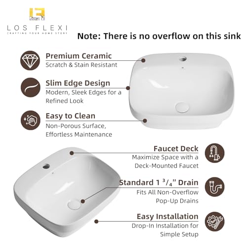 Image of 20″W x 17″D Drop In Bathroom Sink with Free Pop-Up Drain, White Ceramic Rectangular Semi Recessed Bathroom Sink with Single Faucet Hole, Modern Vessel Sink, Durable Above Counter Basin