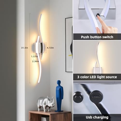 Image of Battery Operated Wall Sconce, Silver LED Battery Wall Light dimming with Remote Control, 31.4Inch Rechargeable Chrome Wireless Wall Lights for Living Room, Bedroom, and Stairs Wall Sconces (2 Pack)