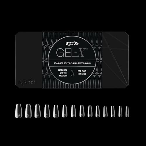 Apres Gel-X Coffin Boîte de 280 faux ongles en gel souple, 14 tailles 00-9 | Demi-tailles incluses (cercueil naturel, taille M, 280 pièces)