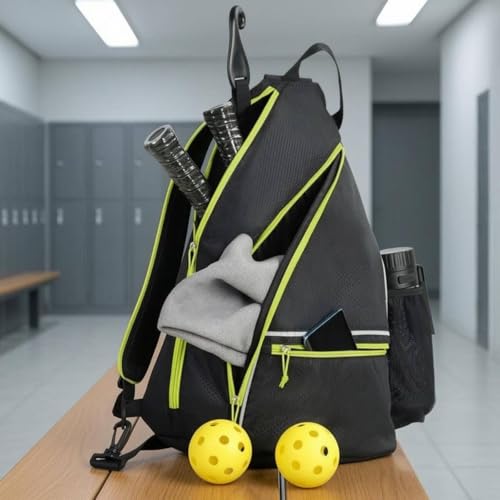 Mochila negra de pickleball con detalles verde fluorescente y compartimentos 6