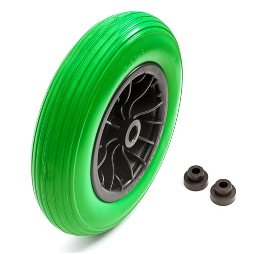 14.5 Inch 3.50-8 Wheelbarrow PU Green Puncture Proof Solid 14'' Tyre & Wheel 75mm Hub Barrow Includes Reducer Bushes 25mm to 13mm / 1'' to 1/2''