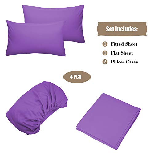 Image of 4 Piece Bed Sheet Set (Queen,Violet) 1 Flat Sheet,1 Fitted Sheet and 2 Pillow Cases,Brushed Microfiber Luxury Bedding with Deep Pockets