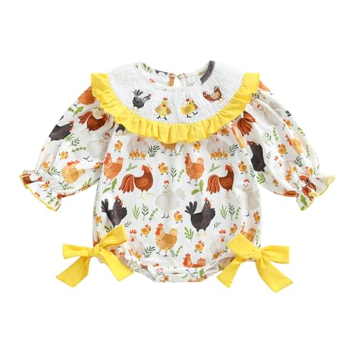 Newborn Baby Girl Farm Clothes Chicken Print Onesie Smocked Bubble Romper Long Sleeve Bodysuit Country Fall Outfit
