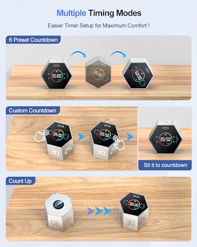 Image of Ticktime Pomodoro Timer, Productivity Timer Cube, 5 /15 /25 /30 /45 /60 Min Presets, Custom Countdown & Stopwatch 1s-99m59s, Sound /Vibration /Silent, Magnetic, Rechargeable, for ADHD Study Work, Silver