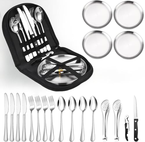 Set di stoviglie da campeggio per 4 persone, 20 posate da campeggio portatili, posate da campeggio in acciaio inox con tasca per posate, forchette, coltelli e cucchiai, riutilizzabili