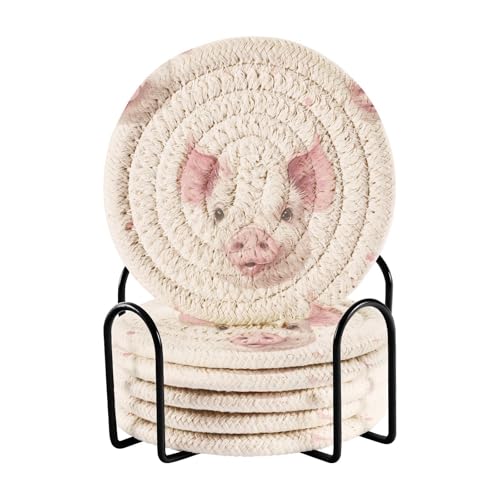 Msyxl Pig Head Drink Coasters Set - 6 Pcs Minimalist Woven Coasters with Holder for Home Decor, 3.94 Inch Absorbent Coasters for Drinks