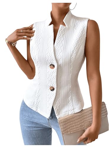 GORGLITTER Women's Sleeveless Blazer Vest Top Dressy Textured Button Up Suit Vest Split Hem Collared Waistcoat3