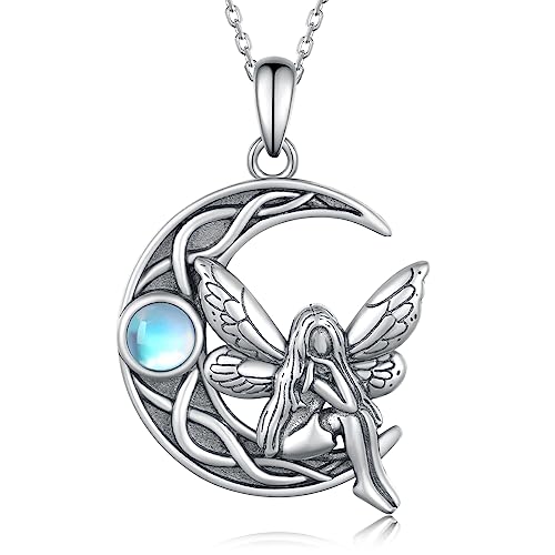 CVRAVO Fairy Necklace 925 Sterling Silver Crescent Moon Celtic Fairy Necklace for Women Angel Jewelry Gifts for Women