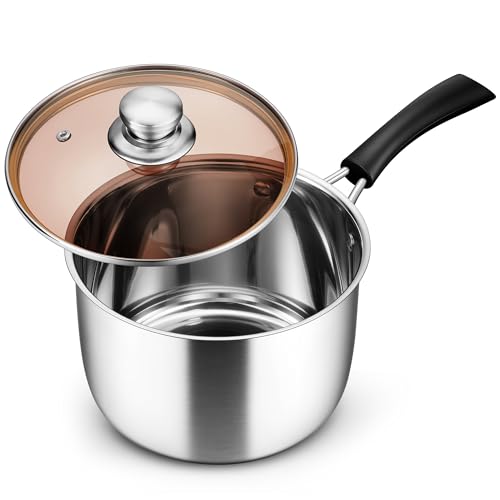 E-far 3 Quart Saucepan with Lid, Stainless Steel Small Sauce Pan for Milk