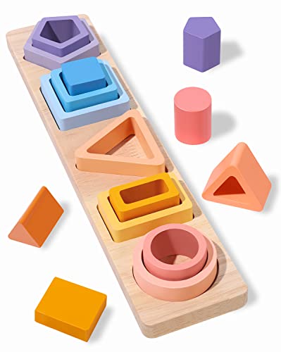 Image of WTUST Montessori Toys for 1 2 3 Years Old Boys Girls,Toddler Learning Educational Wooden Sorting & Stacking Toys,Shape Sorter Color Stacker Toy Kid Puzzles 1-3, Ideal Valentines Day Baby Gift