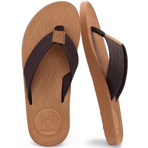 KuaiLu Mens Flip Flops Arch Support Comfortable Waterproof Open Toe Summer Beach Leather Thong Sandals Cushion Slip on Slippers, Khaki, 11 (B07NY4NPPV) Amazon Price History, Amazon Price Tracker