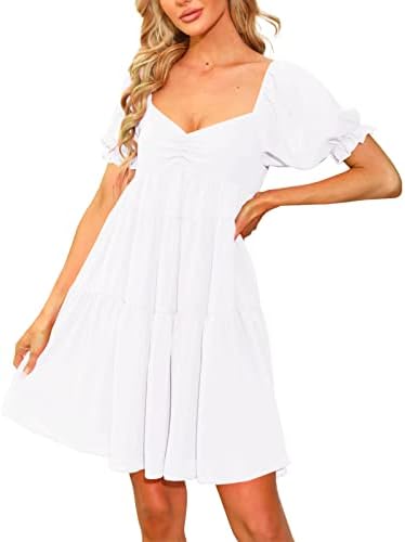 Women's Summer Dress Sweetheart Neckline Puff Sleeves Ruffle Flowy Babydoll Swing Mini Dresses Party Dress Large White