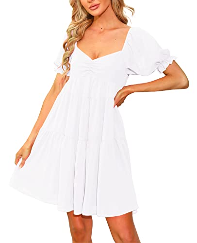 Women's Summer Dress Sweetheart Neckline Puff Sleeves Ruffle Flowy Babydoll Swing Mini Dresses Party Dress Large White #TOP3
