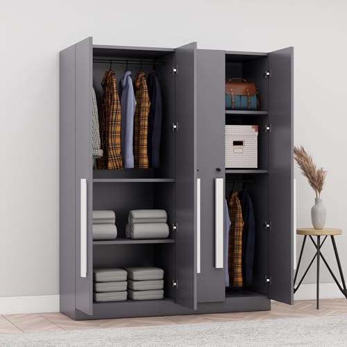 Image of Bniture 4 Door Wardrobe for Bedroom with Lockable Door & Hanging Space | Almirah for Clothes with Elevated Bottom Base | Wardrobe for Storage Cupboard | 3 Years Warranty (Slate Grey, 4 Door)